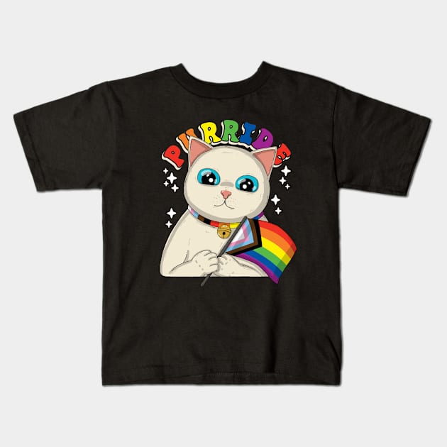 Purride Cat With Progress Pride Flag Kids T-Shirt by Japanese Neko